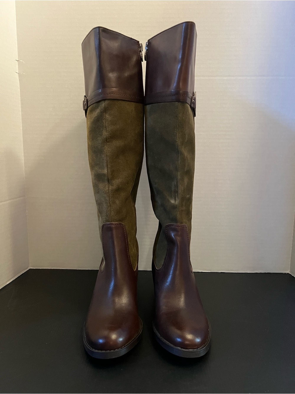 Etienne Aigner Olive Suede and Brown Leather Over-the-Knee Boots